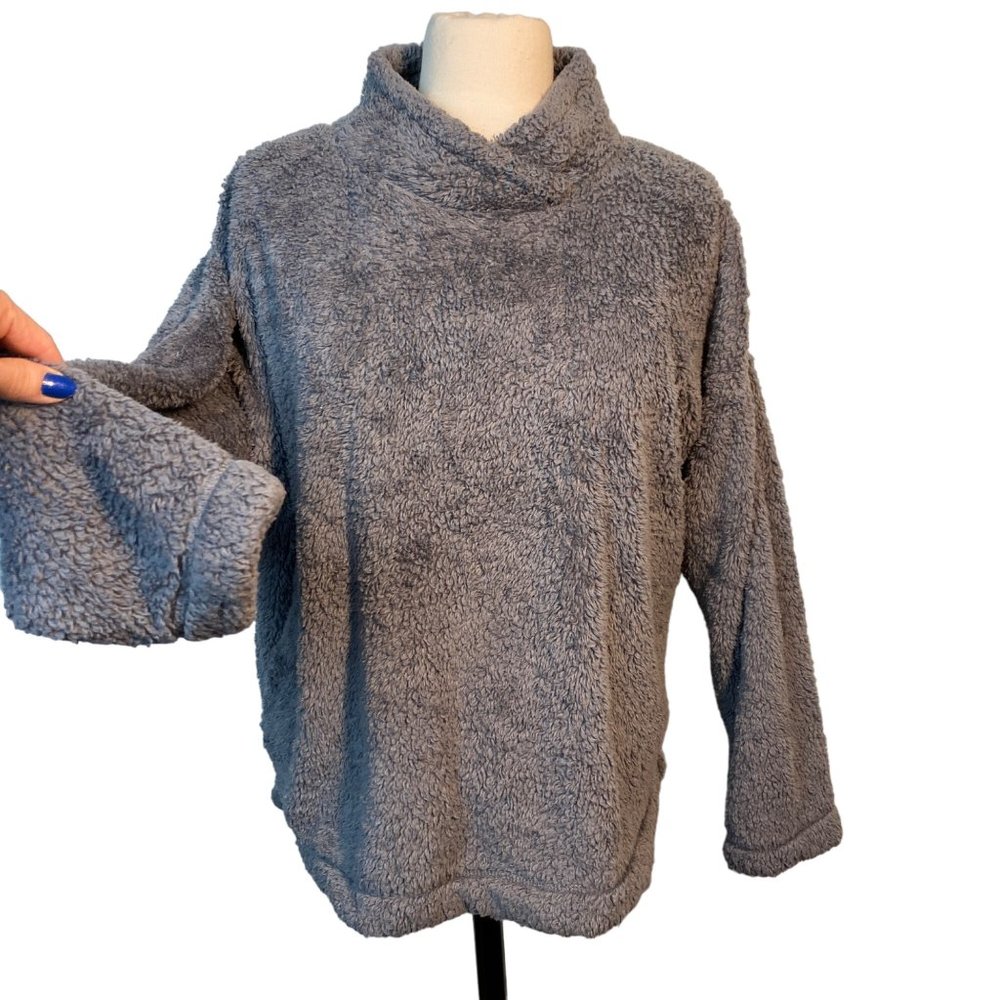 jane & bleecker pullover comfy oversized dusty blue faux fur sherpa Women's lg